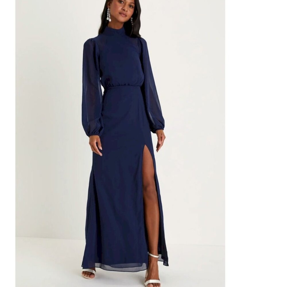 Lulus Graceful Entrance Navy Blue Long Sleeve Backless Maxi Dress Medium New NWT